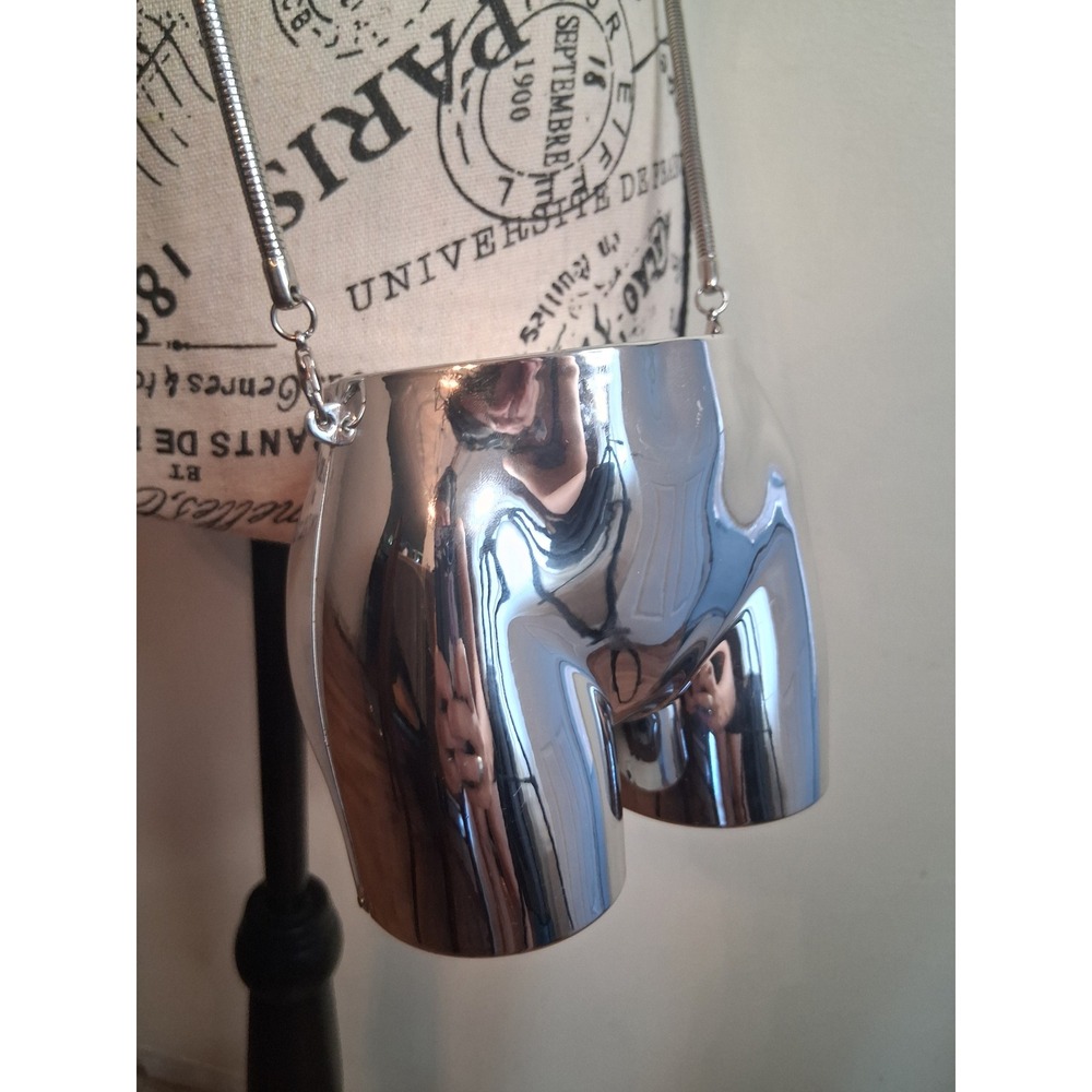 Silver Chrome Anatomical Torso Hard Shell Clutch Bag Crossbody Snake Chain Strap - Picture 6 of 8